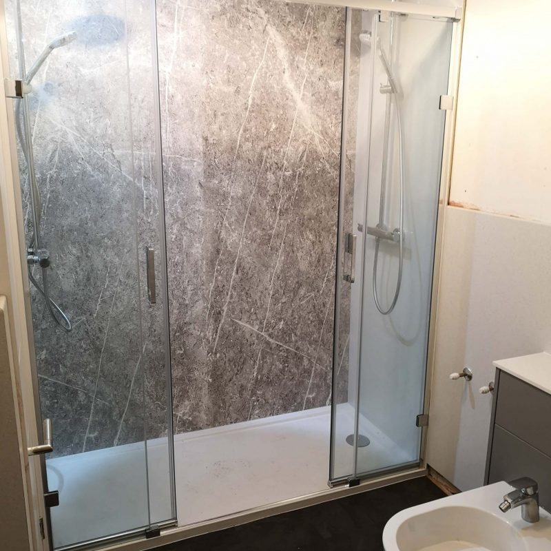 bathroom install with large walk in shower